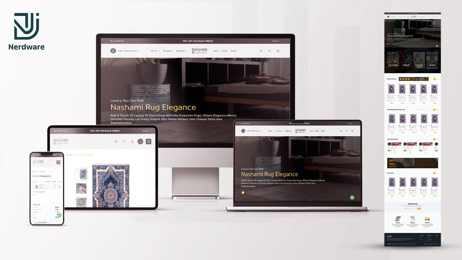 Nerdware's expert software solutions bring Nashmi Carpet Factory's luxury rugs to life with a stunning e-commerce website, showcasing elegance and sophistication in every detail