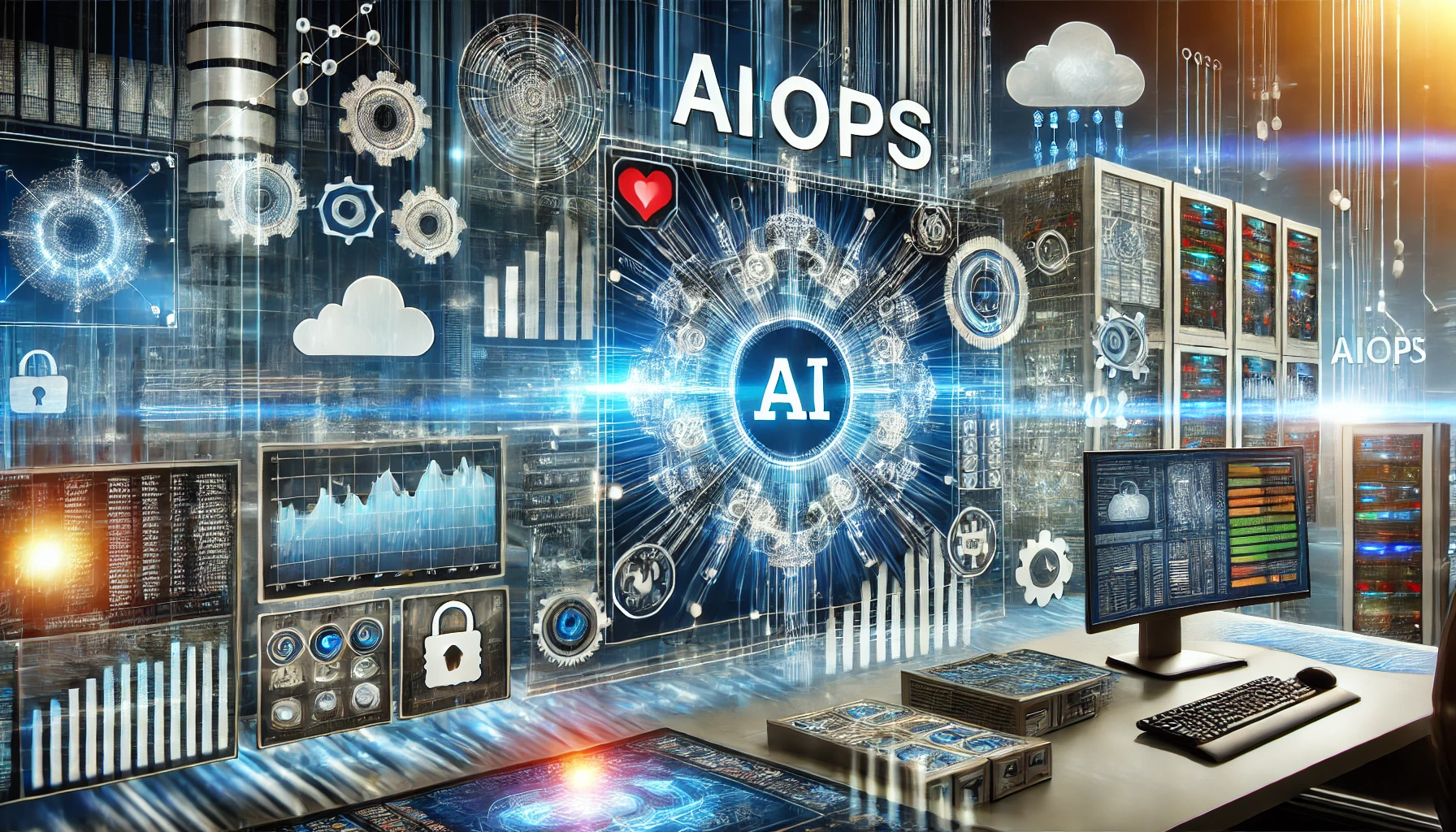 Nerdware's AIOps solution: A futuristic, interconnected network of nodes and lines, with a central focus on AI-powered IT operations, set against a dark blue background with white and orange accents