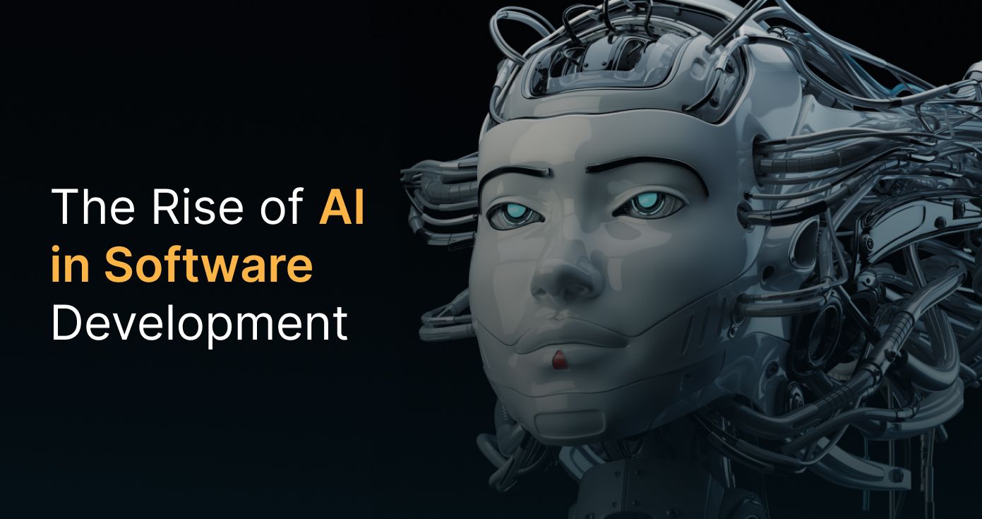 Nerdware's AI-powered software solutions: A futuristic robotic head with glowing blue eyes, symbolizing innovation and technological advancement in software development