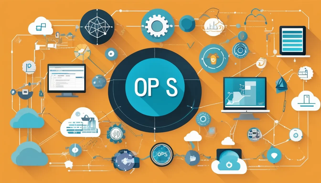 Infographic illustrating the OPS ecosystem, featuring interconnected technology icons, cloud symbols, and data visualization elements on a vibrant orange background