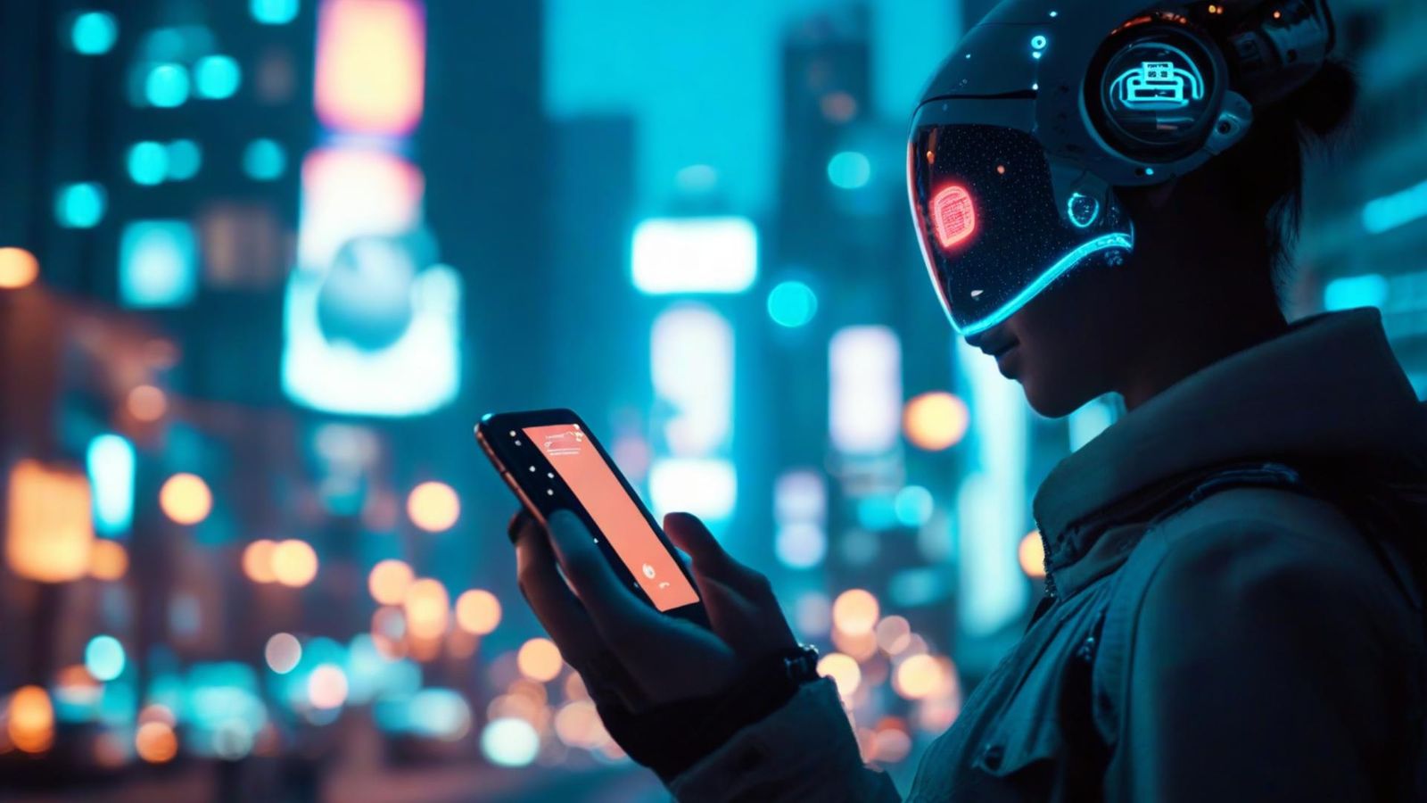 Nerdware presents a futuristic vision: An android engages with a smartphone amidst a neon-lit cityscape, symbolizing the harmonious blend of artificial intelligence and human life, powered by cutting-edge software solutions