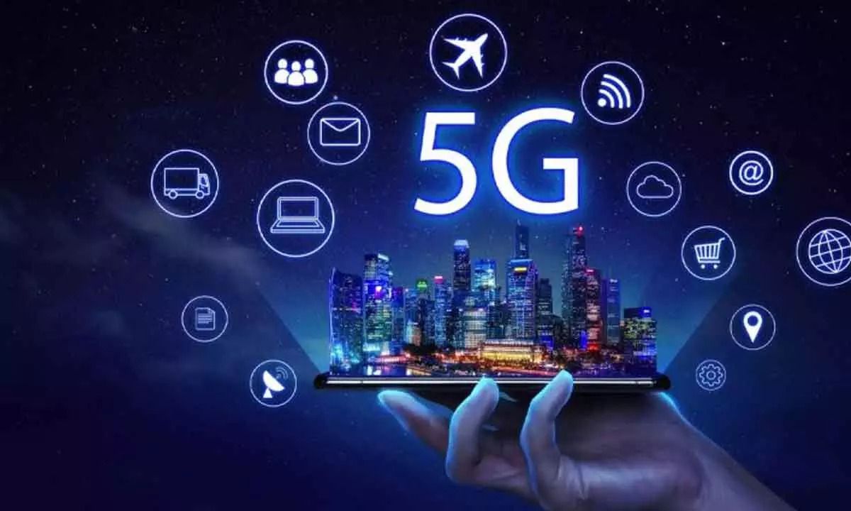 Nerdware's 5G-powered software solutions: A futuristic cityscape projected from a smartphone, surrounded by icons representing connectivity, communication, and innovation